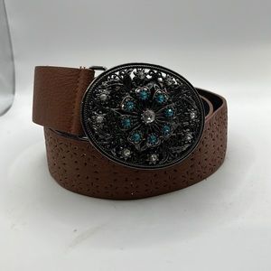 Eric Sun Faux Leather Belt Jeweled Embellished Buckle Brown Silver Womens 11